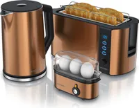 Arendo 3-teiliges Frühstücks-Set, 4 Scheiben Langschlitztoaster, Wasserkocher 1,5l, 3er Eierkocher, Kupfer