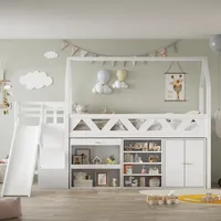 Merax Etagenbett 90x200cm mit Treppe und Rutsche, Hochbett mit Schränke und Regalen, Kinderbett mit Rausfallschutz, Stockbett Massivholz Hausbett Weiß
