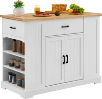 Wózek z wyspą kuchenną VEVOR, bar śniadaniowy 117 cm z drewnianym blatem i szafką do przechowywania, stół kuchenny z regulowaną półką, szufladą, do jadalni, kuchni i salonu, biały