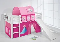 Hochbett JELLE in weiss mit RUTSCHE und rosa FROZEN / Eiskönigin / Anna & Elsa Vorhang. Kinderbett & Spielbett von LILOKIDS
