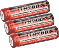 3x Kraftmax 18700 Pro Akku mit PCB Schutzschaltung - speziell für LED Taschenlampen 3,7V 9,62 Wh