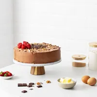 Navaris Marmor Tortenplatte drehbar 360° - Drehteller Ø 30cm - Teller für Kuchen Torte - Tortenständer mit Marmorplatte und Akaziensockel