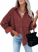 ASKSA Damen Bluse Reverskragen Langarm Cord Herbst Hemdjacke Knöpfen Cardigan Oberteil, Weinrot, M