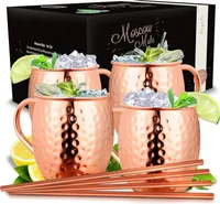 Vezato Moscow-Mule-Becher [500ml] – Gehämmerte Kupferbecher mit Strohhalmen – Handgemachtes Moscow-Mule-Set [4 Stück] – Rostfreie Kupfer Becher für Moscow Mule