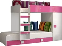 Etagenbett für Kinder Toledo 2 Stockbett mit Treppe und Bettkasten (Weiß + Rosa Glanz)