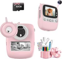 KinderKamera Sofortbildkamera Schwarzweiß Fotokamera 1080P Videokamera mit 32GB-karte,3 Rollen Druckpapier,5 Farben Aquarellstift