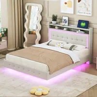 okwish Polsterbett Doppelbett 140 x 200 cm mit USB-Ladeanschluss und LED-Beleuchtung, Funktionelles Stauraumbett mit Kopfteil mit Stauraum(Ohne Matratze)- Beige