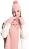 3-teiliges Set mit Beanie, Schal und Handschuhen für den Winter, dick gestrickt, warme Mütze, Handschuhe, elastischer Gehörschutz, winddicht, für den Winter, Outdoor, Radfahren, Kuppel-Halswickel-Set, Rosa