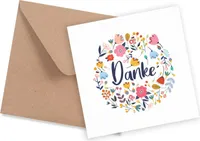 Friendly Fox Danke Karte Blumen, 1x Dankeskarte mit Blumen Motiv, quadratische Grußkarte Danke Karte mit Kraftpapier Umschlag