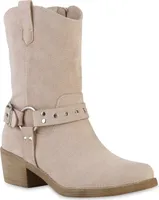 VAN HILL Damen Leicht Gefütterte Cowboy Boots Stiefeletten Schnallen Schuhe 841326, Farbe: Beige Velours, Größe: 39
