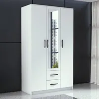 120 cm breite Drehtürenschrank Lucas 3-türig Kleiderschrank mit 2 Schubladen mit Kleiderstange und zusätliche Böden, Farbe: Weiß