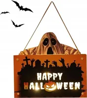 Dřevěná cedule na dveře s LED diodou Halloween na baterie