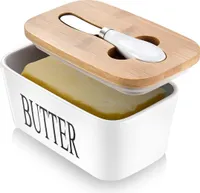 Butterdose mit Holzdeckel Butterdosen Porzellan mit Messer Keramik Butterdose für 350g Butter--Double-Layer-Silikon-Dichtung Butterdose mit Deckel, Weiß