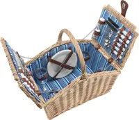 Picknickkorb geflochtene Weide 4 Pers + Zubehör 23 tlg. √ Farbe Natur Weiden Holz √ 46 x 31 x 43 cm - Blau Weiß Beige
