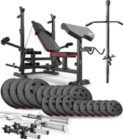 Hop-Sport multifunktionale Hantelbank HS-1075 - mit Curlpult und Latzug - inkl. 105 KG Hantelset Lang-, Curl- & Kurzhantelstange, Gewichte