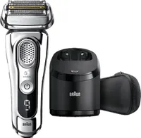 Braun Series 9 9395cc Elektrorasierer für Herren, verbesserte Reinigungs- und Ladestation, Ledertasche, Elektrorasierer für Nass- und Trockenheit, Präzisionstrimmer, verchromt | 1er Pack