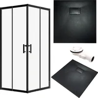 SET Duschkabine + Duschwanne 90x90 193 cm - Quadratisch Transparent Gehärtet Nano Glas 6 mm Schwarz Steinoptik SMC inkl. Siphon | BADLAND HELA VIDAR