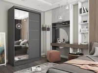 Moderní Šatní Skříň s Posuvnými Dveřmi Šatní Skříň Šedá se Zrcadlem 120 150 180 200 cm - Grafitová Matná Šatní Skříň do Ložnice s Posuvnými Dveřmi - Šatní Tyč - Šedá