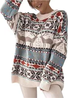 ASKSA Damen Colorblock Rundhals Pullover Weihnachtspullover Langarm Strickpullover Warme Christmas Sweater Elegant Oversize Weihnachtspulli,Beige,L
