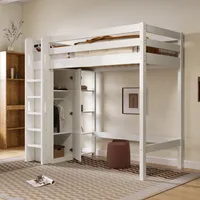 Hochbett mit Kleiderschrank und 6 Regalen, Kinderbett Einzelbett 90x200 cm, Weiß
