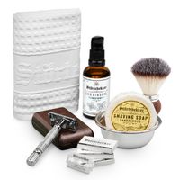 Störtebekker Rasurpflege Set Premium - Rasierhobel (Silber) & Leder-Etui (Café), Rasierpinsel, Rasierschale, Rasiertuch, Rasieröl & Rasierseife
