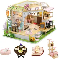 DIY Miniatur Haus, CUTEROOM DIY Puppenhäuser Miniatur Haus Kit mit Möbeln und LED-Licht, Cat Coffee Modellbausätze für Erwachsene zum Bauen
