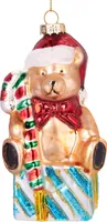 BRUBAKER Teddy mit Zuckerstange und Geschenk - Handbemalte Weihnachtskugel aus Glas - Christbaumschmuck Figuren lustig Deko Baumkugel - 13 cm
