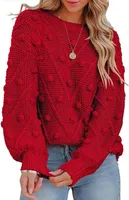 ASKSA Damen Pullover Rundhals Pompons Strickpullover Lose Einfarbiger Pulli Einfarbig Sweater, Rot, XL