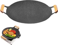 28cm BBQ Grillpfanne Runde Grillplatte Antihaftbeschichtung, Holz Doppelgriffe, Gusseisen Grillpfanne