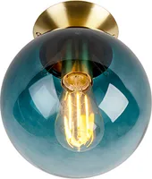 QAZQA - Art Deco Art Deco Deckenleuchte I Deckenlampe I Lampe I Leuchte messing mit ozeanblauem Glaslampenschirm - Pallon I Wohnzimmer I Schlafzimmer - Kugel I Kugelförmig - LED geeignet E27
