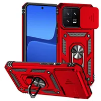 Pouzdro pro Xiaomi 13 dvouvrstvé pouzdro s posuvným krytem kamery a prstencovým stojánkem červené