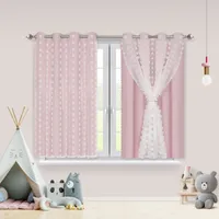 2 Stück 132x160cm Indoor Vorhänge，Kindervorhang mit PomPom，Ösen Gardinen weiß Tüll，Doppelschichtige Vorhänge，Kinderzimmervorhänge，Fenstervorhänge，Rosa