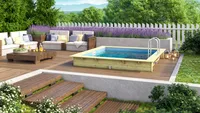 Aufstellpool Holzpool-Set Karibu Grösse 1 rechteckig 350x276,5x125 cm inkl. Bodenschutzvlies, Innenauskleidung mit Keilbiese und Leiter