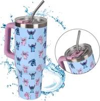 Disney Stitch and Angel Großer Thermobecher mit Deckel und Metallstrohhalm, Edelstahl, Reisebecher 1,18l