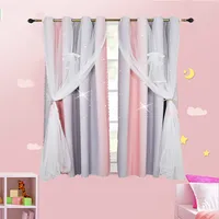 Gardinen Mit Ösen 2er Set Vorhänge Schlafzimmer Kinderzimmer Mädchen Verdunkelung Blickdicht Vorhang mit Hohlen Stern & Voile, 1.3*1.6M, Rosa+Grau