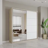 Schwebetürenschrank Kleiderschrank Schrank 203cm Sonoma/Weiß matt mit Spiegel und Zierleisten Pola 42 B