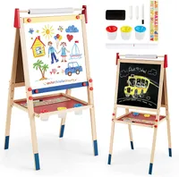 3 in 1 Kinder-Staffelei aus Holz, Doppelseitige Standtafel mit Kreidetafel & magnetischem Whiteboard, Höhenverstellbare Kindertafel mit Papierrolle & viel Zubehör