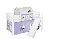 Spielbett JELLE 90 x 200 cm Pferde Lila Beige - Hochbett LILOKIDS - Weiß - mit schräger Rutsche und Vorhang