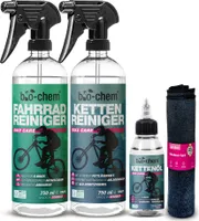 bio-chem Fahrrad Reinigungsset 4-teilig - Extrem effektives & materialschonendes Pflegeset: 1x Fahrradreiniger 750ml + 1x Kettenreiniger 750ml + 1x Kettenöl 100 ml + Mikrofasertuch