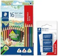 Staedtler Buntstifte Noris Colour 16 Stück, erhöhte Bruchfestigkeit, Dreikantform, ergonomische Soft-Oberfläche und 3 Radierer