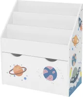 Joyz Bücherregal Weltraum, 62,5x30x70 cm, Weiß, Kinderregal mit 3 Fächern und herausziehbarer Spielzeugkiste mit Rollen, Aufbewahrungstruhe Spielzeug-Organizer für Kinderzimmer