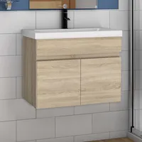 Waschtisch mit Unterschrank 60 cm Badmöbel Set mit Waschbecken Mineralguss Gäste WC Eiche Matt