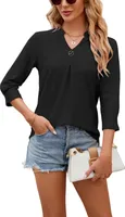 ASKSA Damen T-Shirt 3/4 aermel Aushoehlen Bluse V-Ausschnitt Sommer Tunika Elegant Shirts Tops, Schwarz, Groesse: S