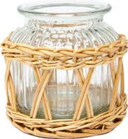 Kleine Laterne aus Glas und Rattandeko Ø 13 cm X H 12 cm Transparent
