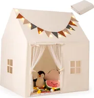 COSTWAY Kinderzelt für Drinnen, Spielhaus Indoor mit rutschfeste Matte, Lichterketten & Flaggen, Spielzelt für Kinder 3+