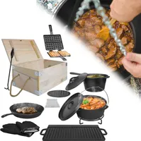 ACXIN Dutch Oven Set 11-teilig Holzkiste Kochtopf Grillplatte Pfanne BBQ Waffeleisen Gusseisen Kochtopf mit Kochtopf Grillplatte Pfanne Deckelheber