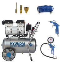 HYUNDAI Silent Kompressor SAC55752 SET (max. 8 bar, 24 l, Druckluftkompressor, ÖLFREI, Flüsterkompressor mit 59 dB(A), 24 l Druckbehälter, 0.75 kW (1.0 PS), Öl-/Wasserabscheider, Ansaugleistung 125 L/Min)
