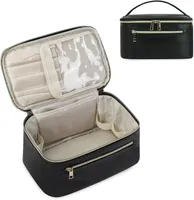Handheld-Kosmetiktasche, Damen-Reisekosmetiktasche aus Leder, wasserdichte große Kosmetiktasche-Aufbewahrungstasche, Kulturbeutel mit Bürstenfach(Schwarz）