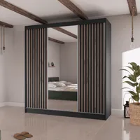 Kleiderschrank mit Lamellen Lamel Schrank mit Spiegel Garderobe mit 4 Schubladen 3-türig Schwebetürenschrank in modernes Stil, Farbe: Schwarz + Schwarz
