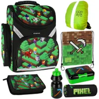 Pixel Game Schulranzen ergonomischer Ranzen Federmappe Turnbeutel Trinkflasche Brotdose Regenschutz 7er Set. Geeignet ab der ersten Klasse der Grundschule